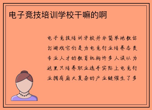 电子竞技培训学校干嘛的啊